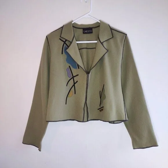 Vintage beppa Wool Jacket Olive Green Abstract Floral Boho Artsy Retro Small - Picture 6 of 8